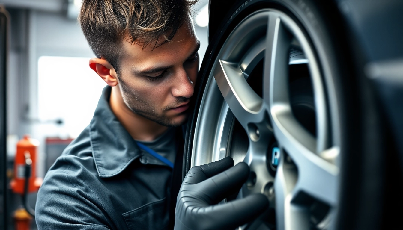 Felge richten München: Mechanic carefully inspecting an aluminum wheel for repair.