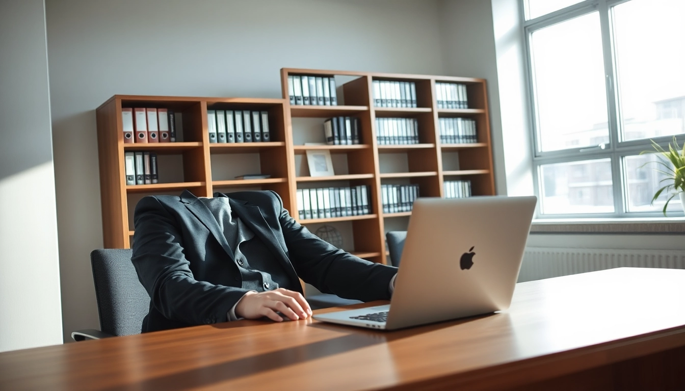 Headhunter arbeitet konzentriert in modernem Büro mit Laptop und Büchern im Hintergrund.