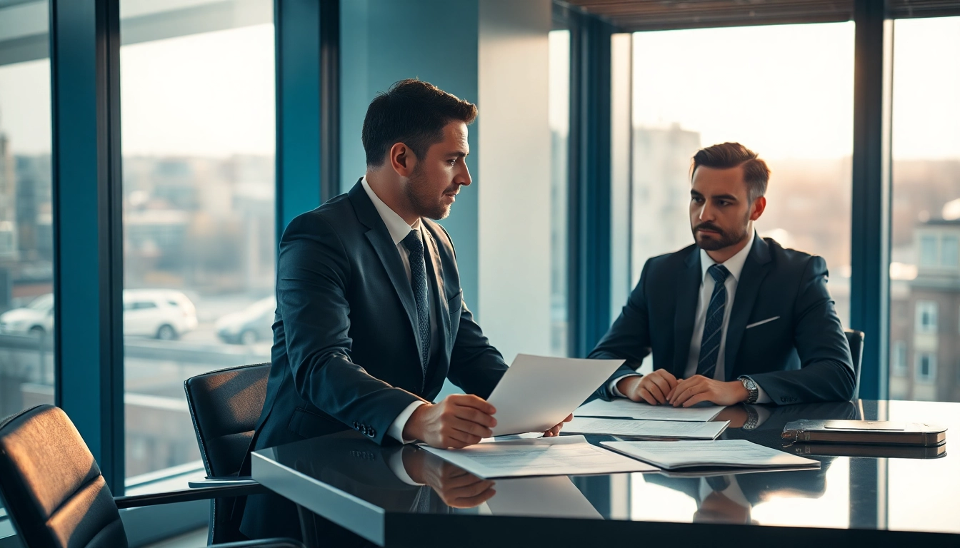 Headhunter Wolfsburg berät einen Klienten in einem modernen Büro mit Stadtblick.