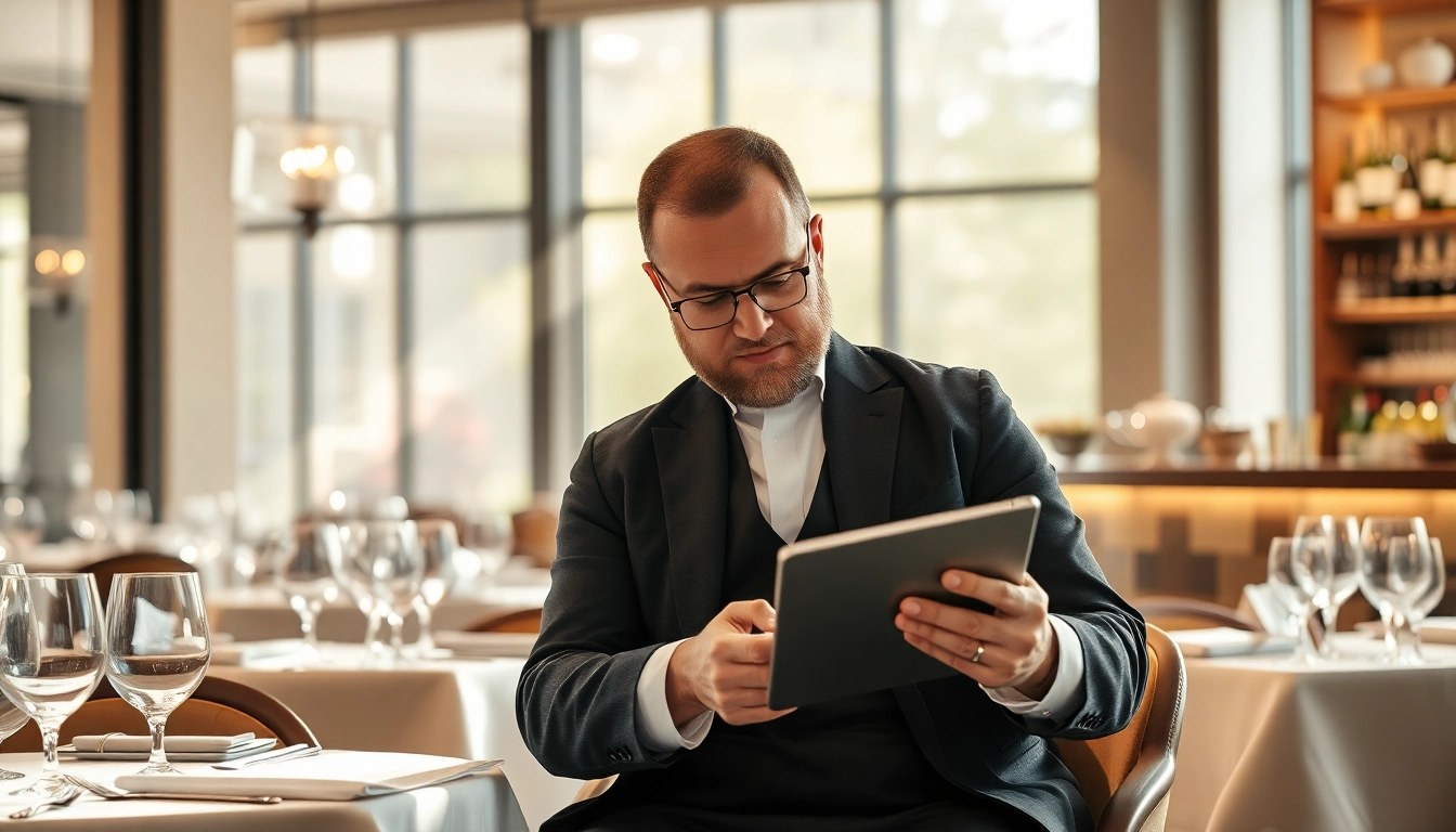 Headhunter Gastronomie berät in einem eleganten Restaurant mit Tablet.