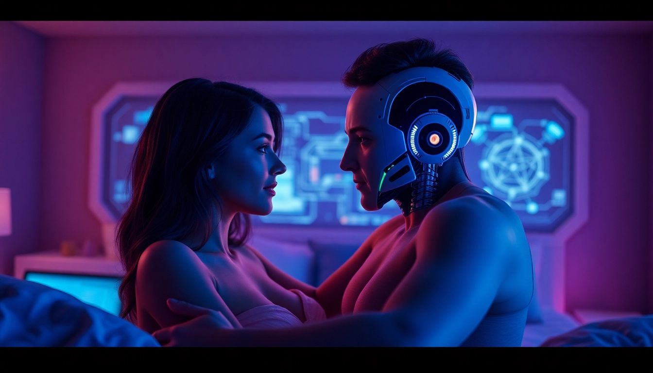 Engaging moment with an AI sex bot in a futuristic bedroom environment.