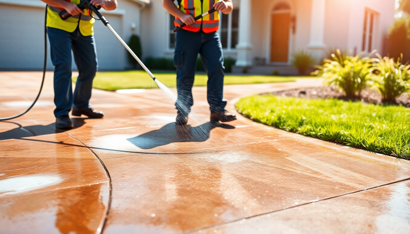 Driveway pressure wash being performed by professionals, transforming a dirty concrete surface into a spotless finish.