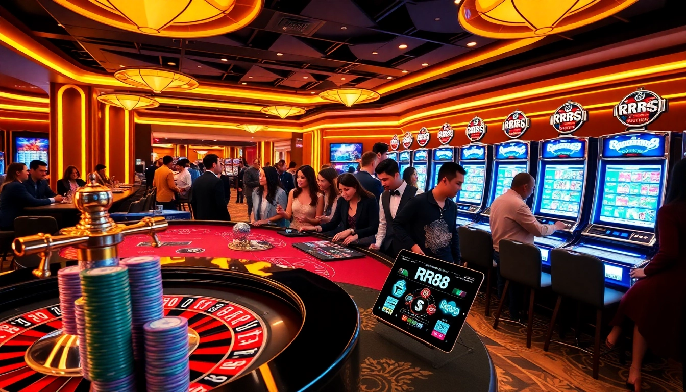 RR88 gamblers enjoying a thrilling casino experience at modern tables and vibrant slot machines.