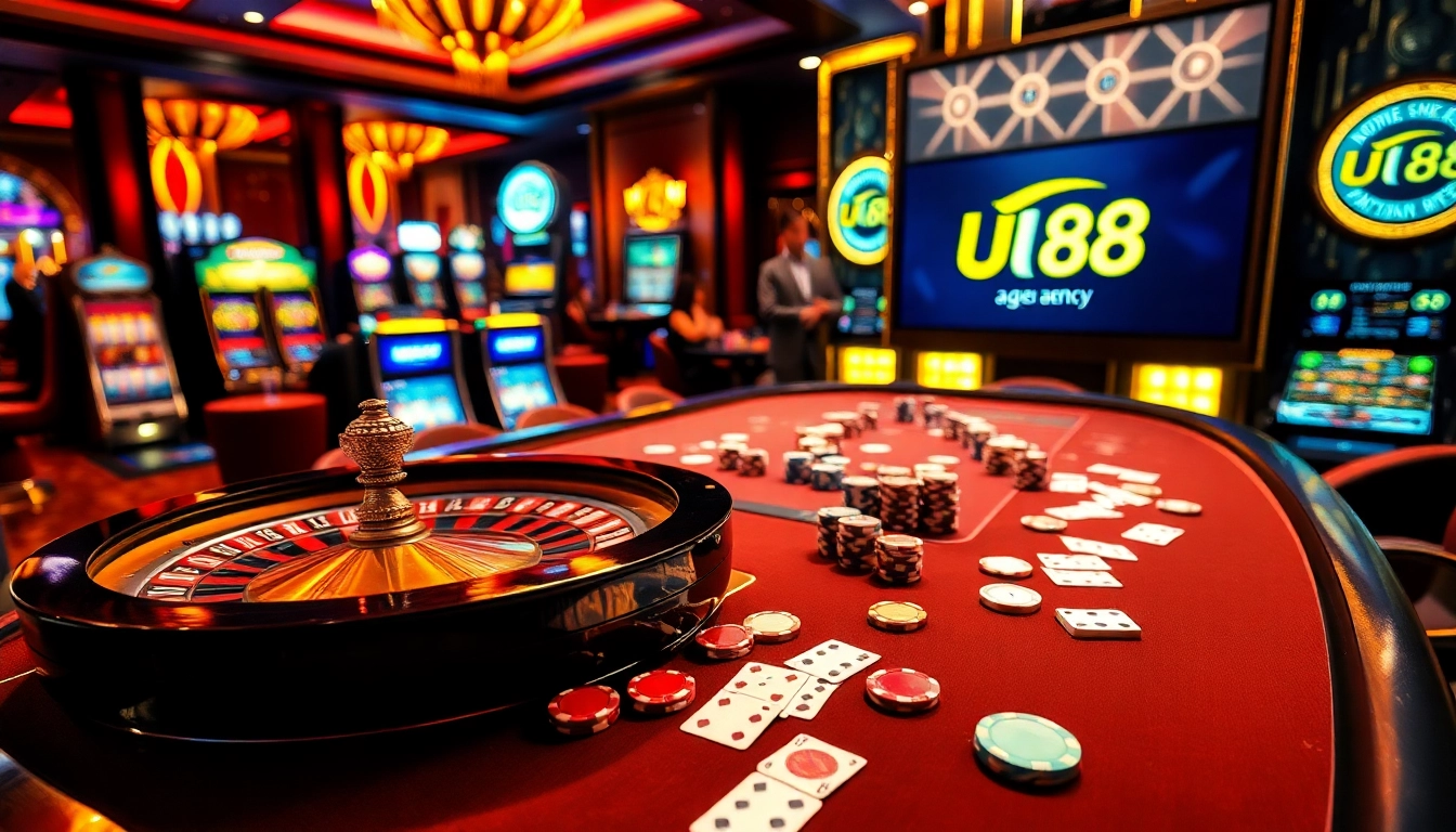 Experience thrilling gameplay at https://uu88.agency/ with our vibrant casino tables featuring poker chips and roulette wheels.