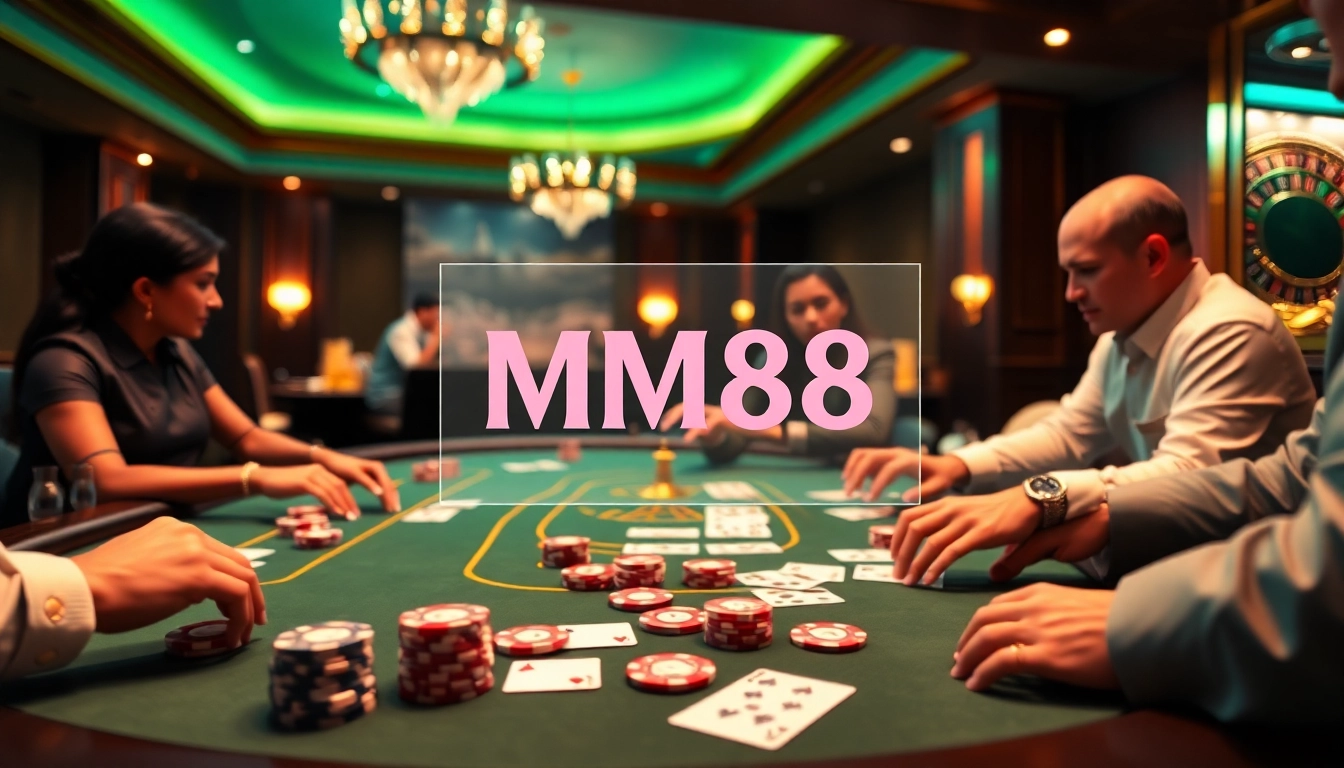 High stakes poker table scene with MM88 branding, vibrant chips, and cards highlighting gambling excitement.