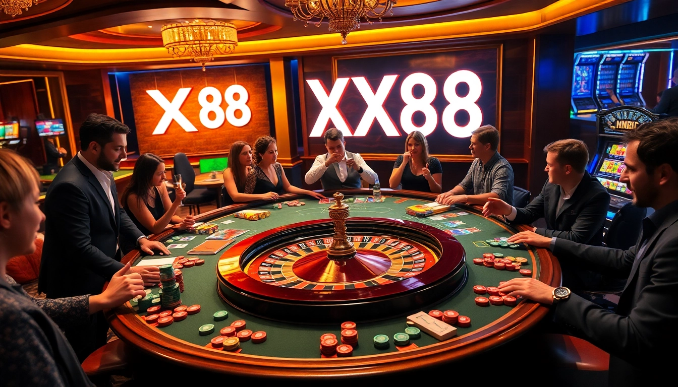 Players enjoying a vibrant casino atmosphere featuring XX88 betting tables and colorful chips.