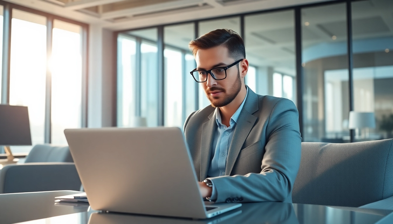 Headhunter IT bei der Arbeit in einem modernen Büro mit Laptop und Stadtansicht.