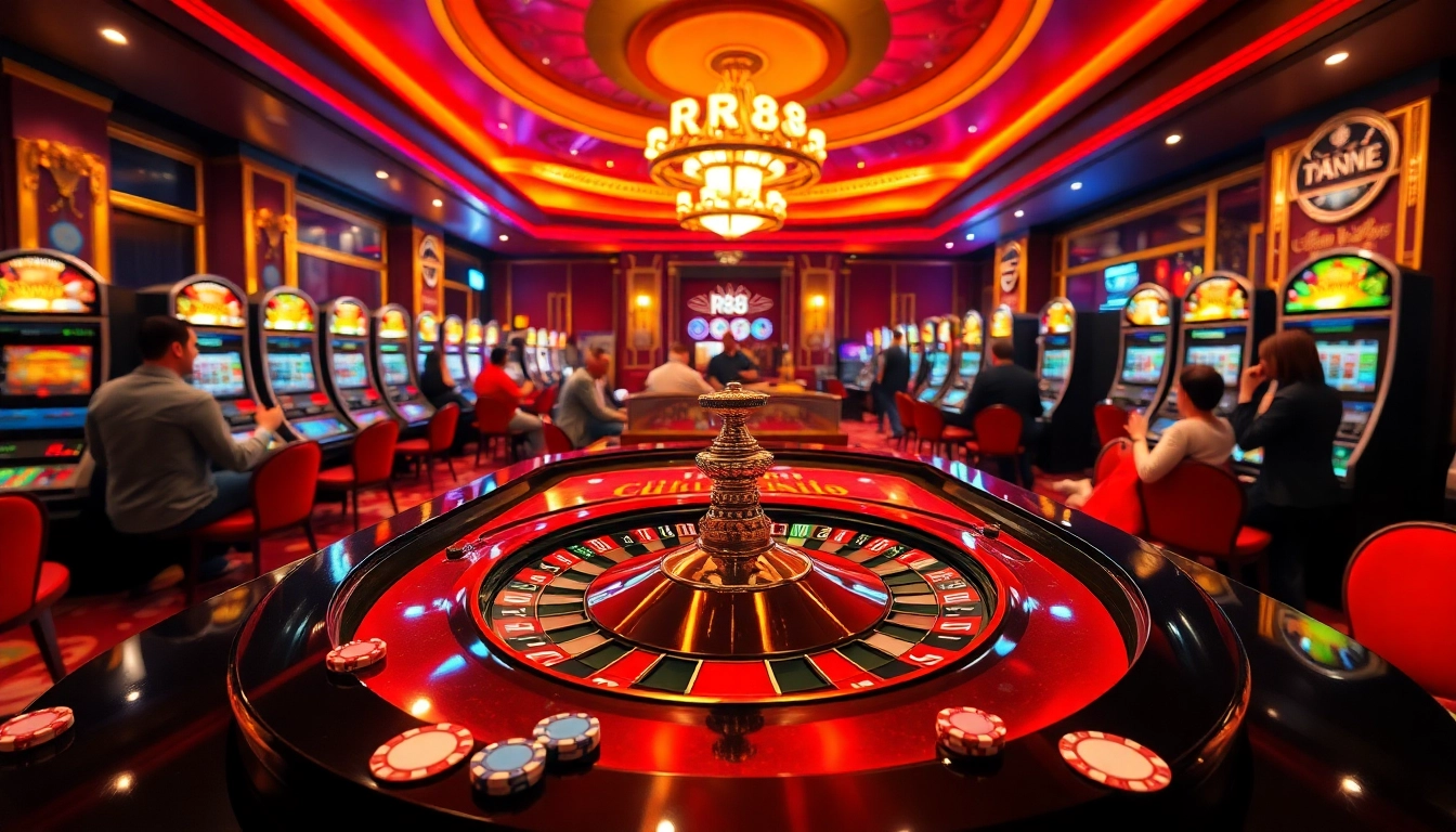 RR88 gaming experience with a vibrant roulette table and slot machines in a luxurious casino