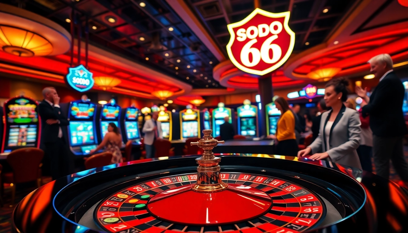 Exciting casino scene featuring roulette and SODO 66, showcasing players engaged in gambling.