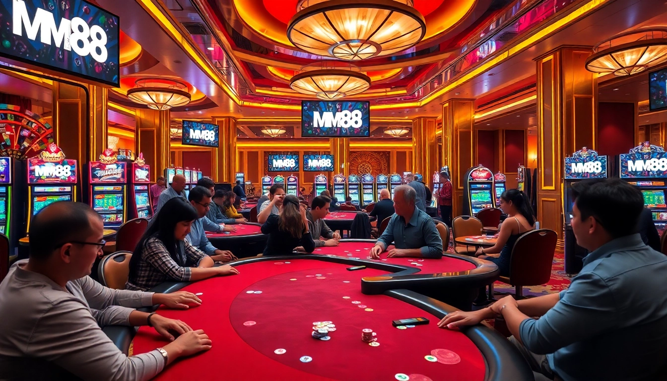 Experience thrilling gameplay at MM88, showcasing vibrant poker tables and exciting slot machines.