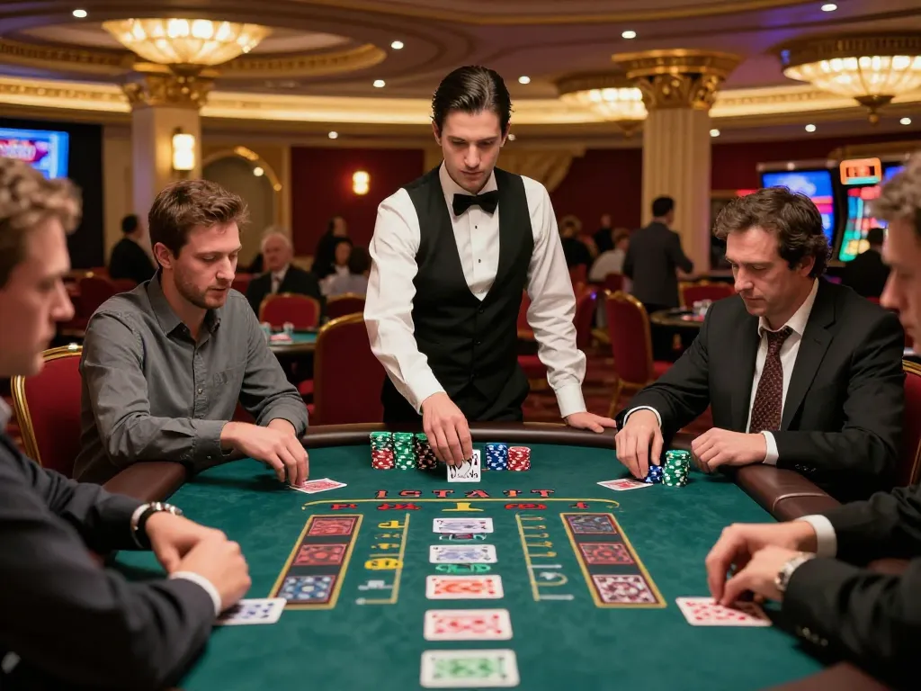 Players engaging in a thrilling nohu blackjack game with vibrant casino lights and focused expressions.
