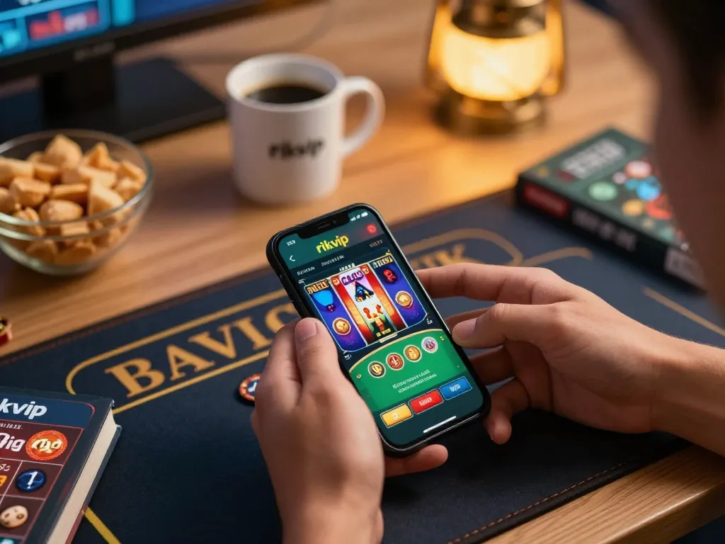 Engaged player using rikvip app on smartphone for casino games, showcasing vibrant mobile gaming atmosphere.