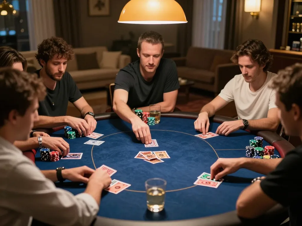 Players strategizing at a private poker game in a cozy setting, enhancing go8casino experiences.